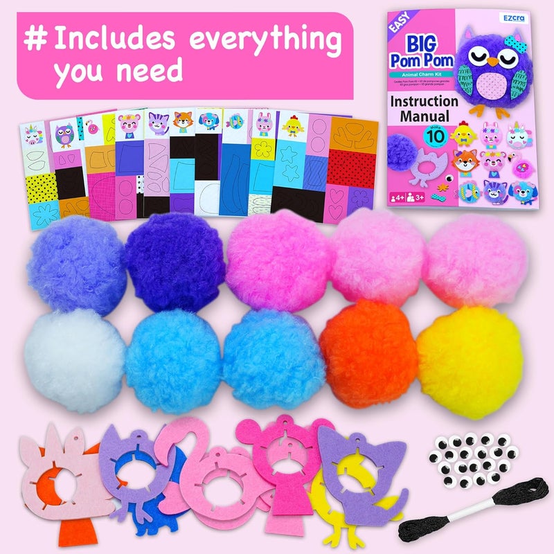 EZCRA Kids Crafts Ages 4-8 – 10 Plush Pom Pom Unicorn and Animals All-in-One DIY Craft Set – Felt Stickers, Educational & Creative Gift for Girls & Boys - Image 3